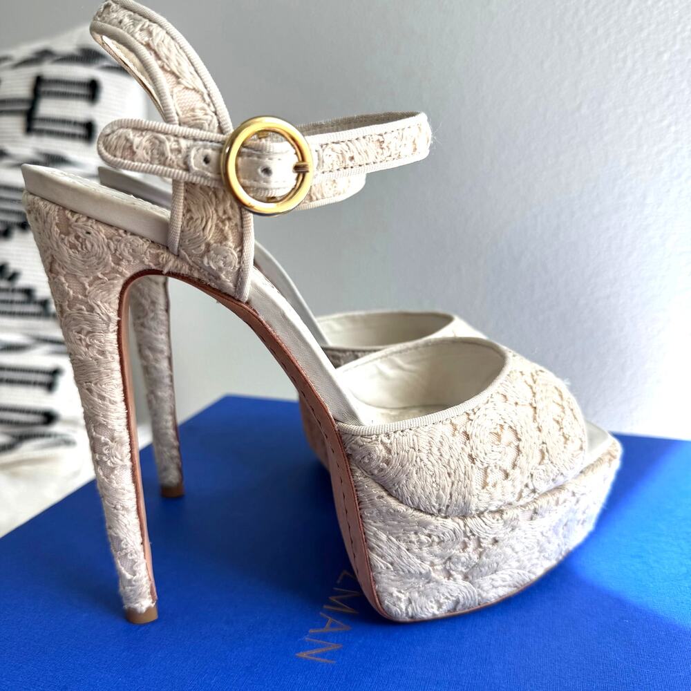 Alice + Olivia Lena Allover Ivory Lace Open Toe Ankle Strap Platform High Heels
